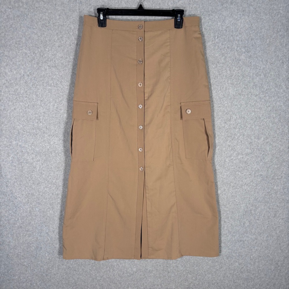 Kirious Cargo Utility Midi Skirt Large Tan Buttons GORP Khaki Neutral Minimalist